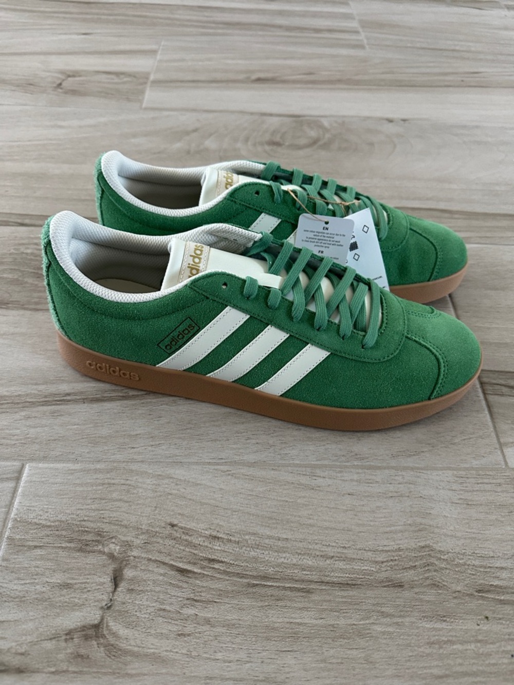 adidas Green Suede Low-Top Sneakers with White Stripes, Size 12, NEW without box